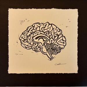 Original Black and White Brain Linocut Print - signed by artist (myself)